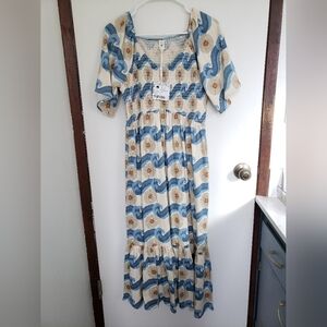 Kate Quinn womens Flutter Sleeve Smock dress | Ocean Sun | 100% Organic cotton S